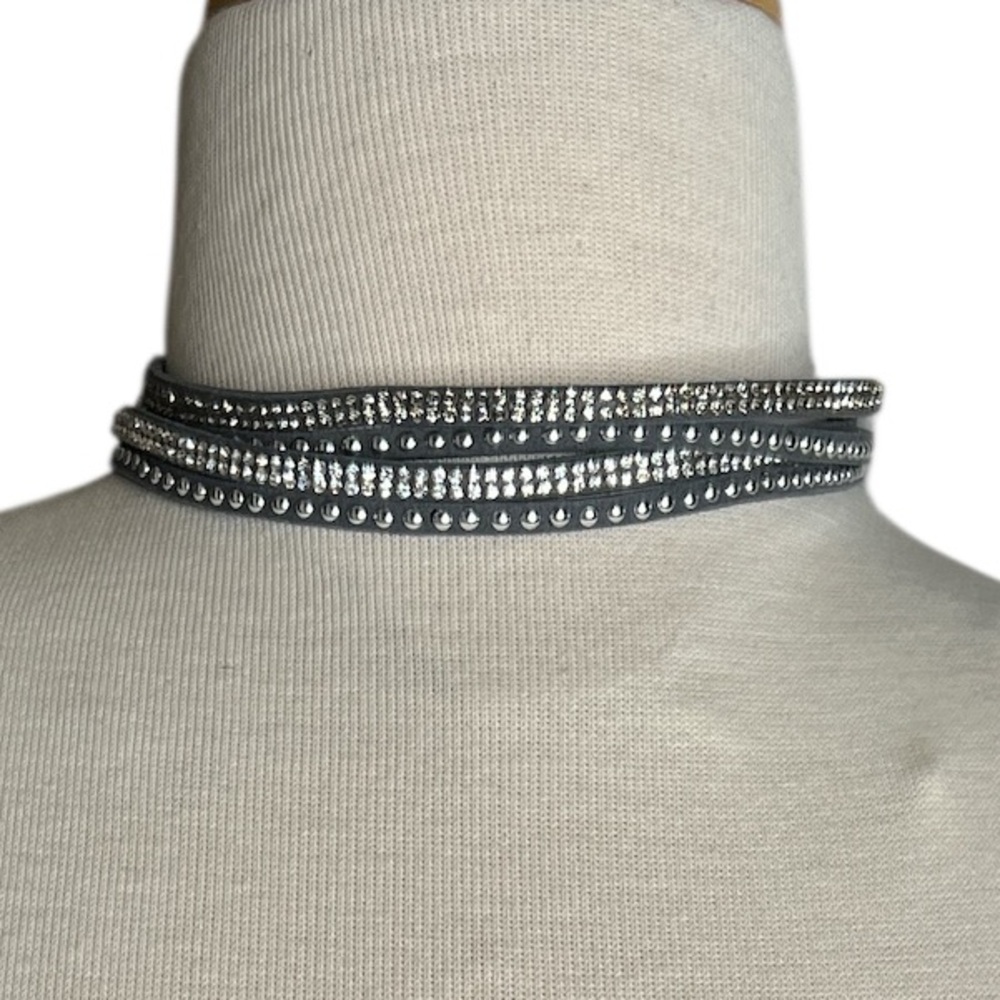 Silver Bead & Black Faux Leather Choker Necklace – Adjustable Snap Closure